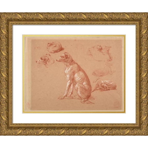 Jacques-Raymond Brascassat 14x12 Gold Ornate Wood Frame and Double Matted Museum Art Print Titled - Dog Studies