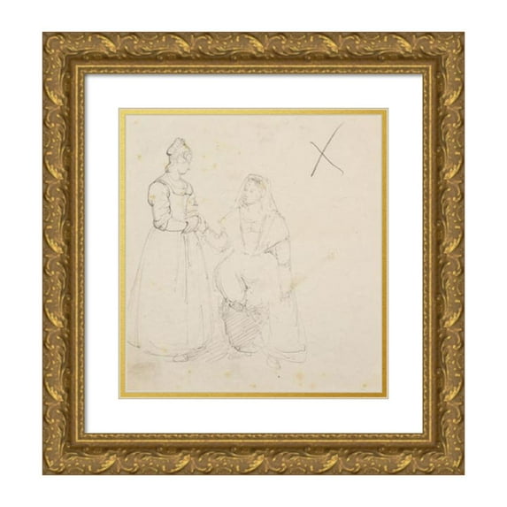 Jacques-Raymond Brascassat 15x16 Gold Ornate Wood Frame and Double Matted Museum Art Print Titled - Two Women's Studies
