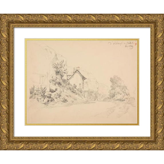 Jacques-Raymond Brascassat 18x15 Gold Ornate Wood Frame and Double Matted Museum Art Print Titled - Village on the Road from Elboeuf to Oissel (1849)