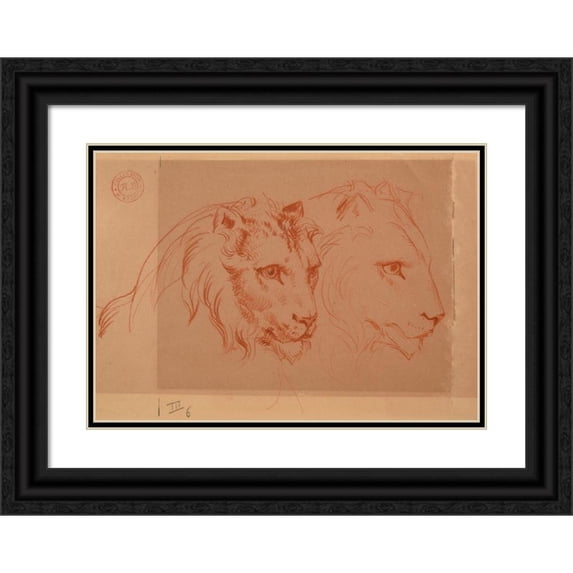 Jacques-Raymond Brascassat 24x18 Black Ornate Framed Double Matted Museum Art Print Titled: Two Lion Heads