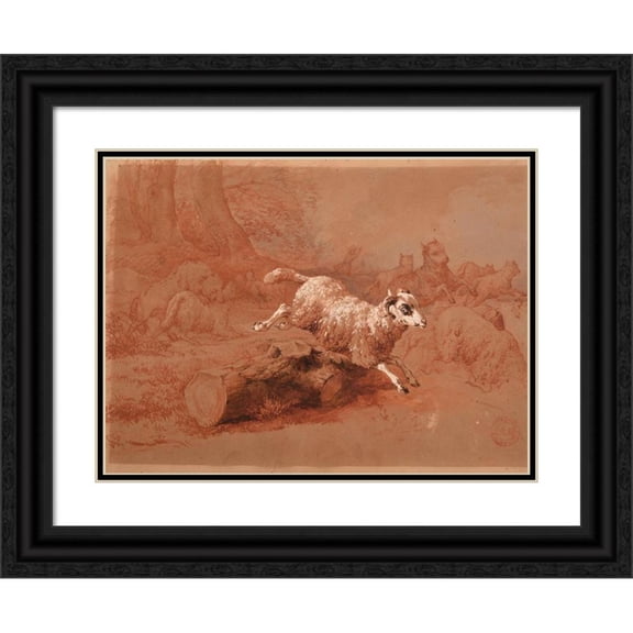 Jacques-Raymond Brascassat 24x19 Black Ornate Framed Double Matted Museum Art Print Titled: Herd of Sheep Fleeing a Wolf (1845)