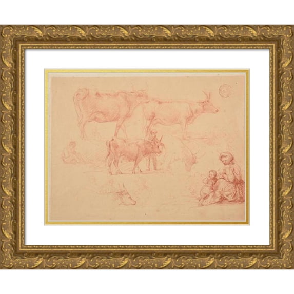 Jacques-Raymond Brascassat 24x19 Gold Ornate Framed and Double Matted Museum Art Print Titled - Studies of Young Boy Supported on Beef, Oxen and Woman with Child