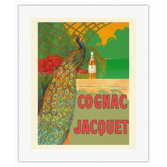 Jacquet French Cognac - Peacock - Vintage Advertising Poster by Camille Bouchet c.1910 - Fine Art Rolled Canvas Print 16in x 20in