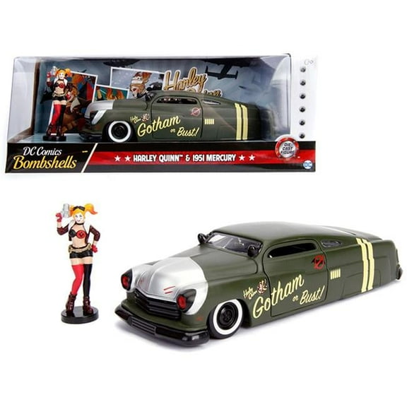 Jada  1951 Mercury Matt Green with Harley Quinn Diecast Figure DC Comics Bombshells Series 1-24 Diecast Model Car - Matt Green - 1/24