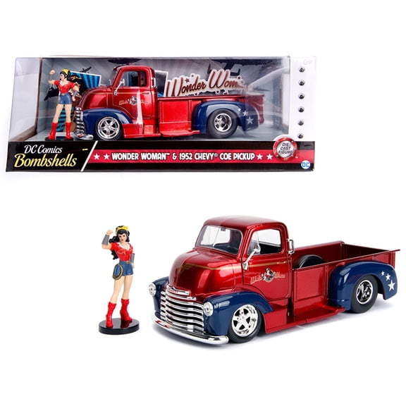 1952 Chevrolet COE Pickup Red & Blue & Wonder Woman Diecast Figure "DC Comics Bombshells" 1/24 Diecast Model by Jada
