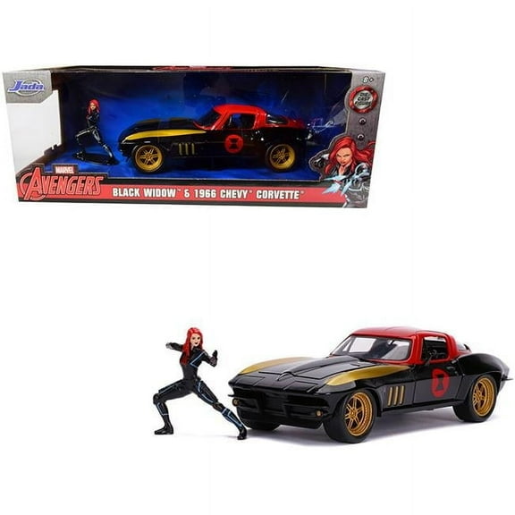 Jada 1966 Chevrolet Corvette with Black Widow Diecast Figurine Avengers Marvel Series 1-24 Diecast Model Car