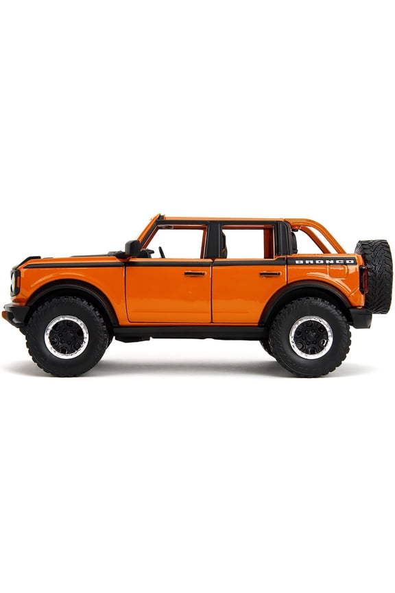 2021 Ford Bronco Open-Top Orange with Black Stripes and Hood with Extra Wheels "Just Trucks" Series 1/24 Diecast Model Car by Jada