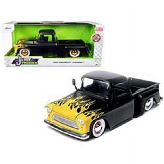 1955 Chevrolet Stepside Pickup Truck Matt Black with Yellow Flames "Just Trucks" Series 1/24 Diecast Model Car by Jada