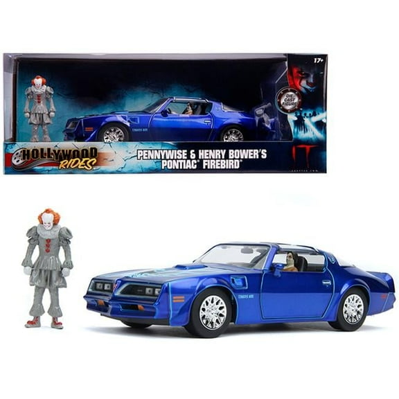 Jada Henry Bowers Pontiac Firebird Trans Am Candy Blue with Pennywise Diecast Figurine It Chapter Two 2019 Movie 1-24 Diecast Model Car