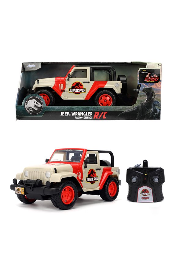 Jada Jurassic World RC 1992 Jeep Wrangler Turbo Function, Precision Controls, Classic Design, 1:16 Scale - Radio Control Cars Red/White
