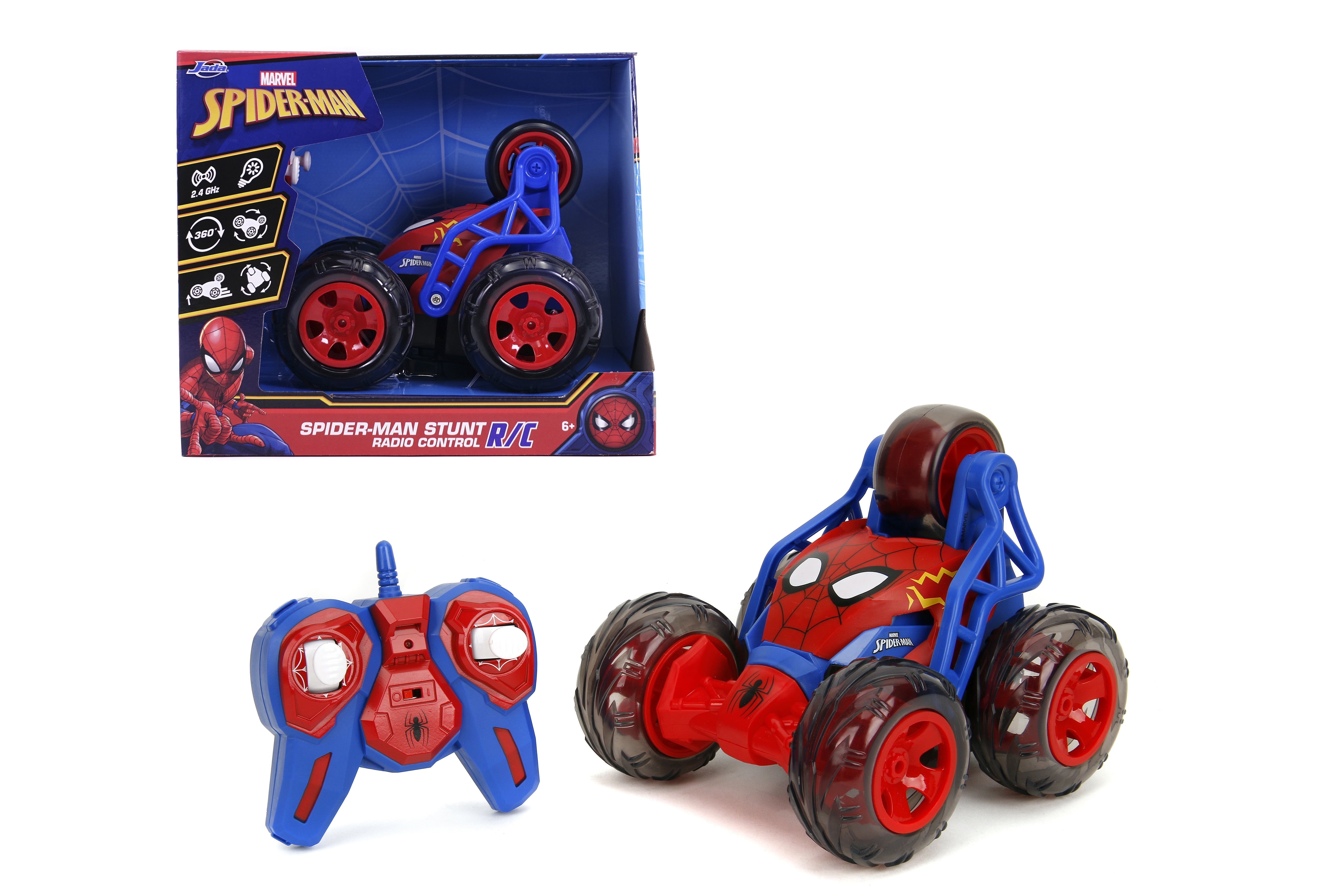 Jada Marvel Spider-Man RC Car  5-Wheel Stunt Car with Standing Drift Function, Light-Up Wheels Effect, 360 Rotation, 2.4GHz Turbo Boost USB, Ages 6+, Red & Blue