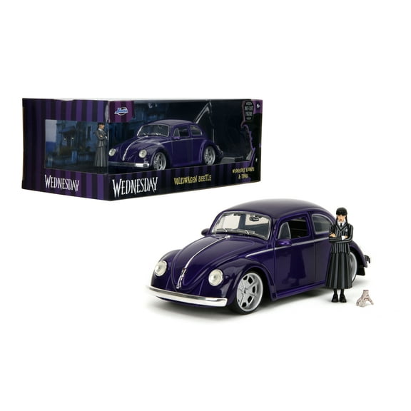 Jada Toys - 1:24 Wednesday 1972 VW Beetle with Wednesday & Thing Figures - Collectible Toy for Adults & Kids, Model Vehicles