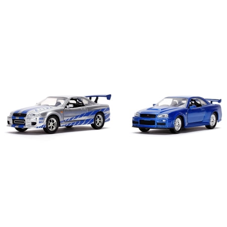 Fast & Furious Brian's Nissan Skyline GT-R R34 Silver & Nissan GT-R R34 Blue 1:32 Die - cast Car, Toys for Kids and Adults