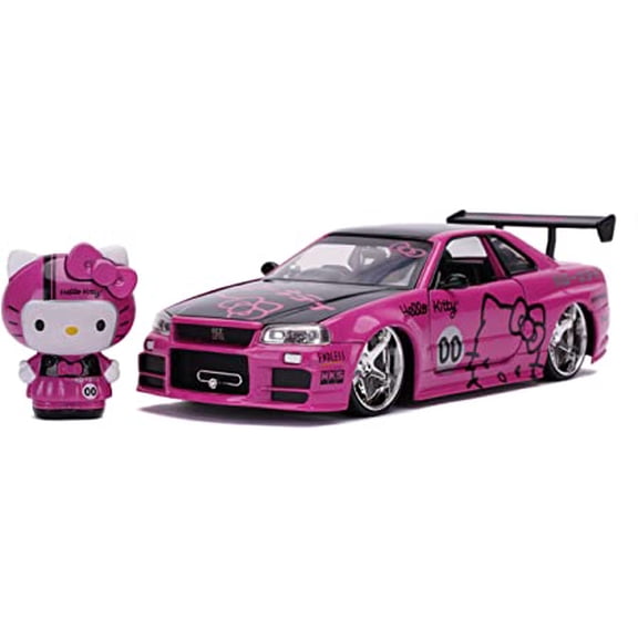 Jada Toys 2002 Nissan Skyline GT-R (BNR34) RHD (Right Hand Drive) Pink Metallic and Black with Hello Kitty Diecast Figurine 1/24 Diecast Model Car
