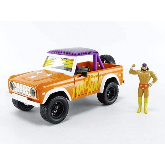 Jada Toys 32046 1973 Ford Bronco Pickup Truck with Macho Man Randy Savage Diecast Figurine WWE 1 by 24 Diecast Model Car Vehicle Playset (2 Pieces)