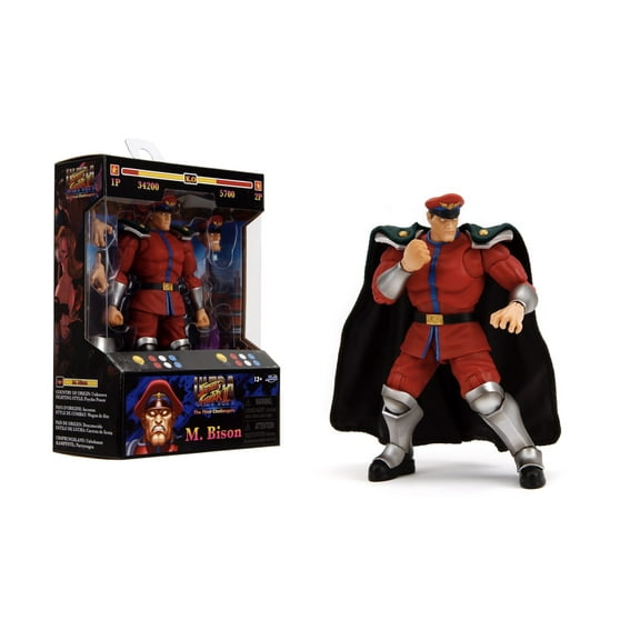 Jada Toys Street Fighter II M. Bison Action Figure – 6" Tall, Interchangeable Heads, Hands, Purple Fire Accessory