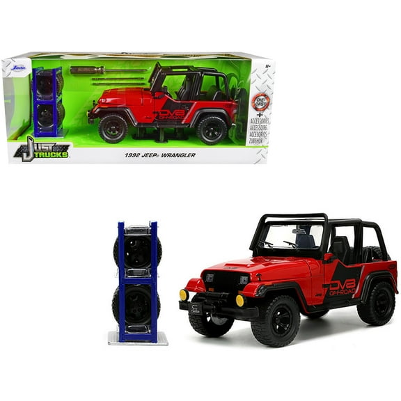 Jada Toys Just Trucks 1:24 1992 Jeep Wrangler Die-cast Car Red/Black with Tire Rack, Toys for Kids and Adults