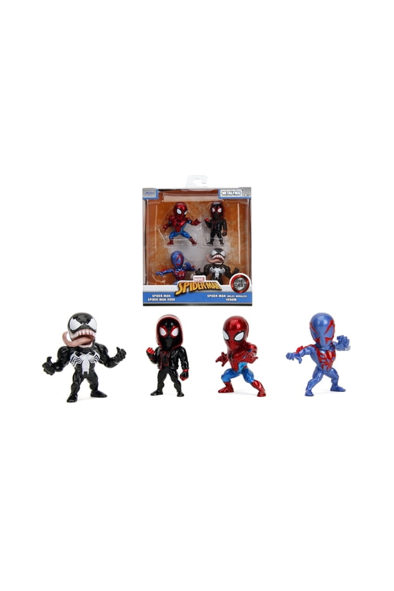 Jada Spider-Man 2.5" Metalfigs 4 Pack Classic Spider-Man, Miles Morales Hoodie, Venom, Spider-Man 2099 Collectible Figures, Wave 2 Ages 8+