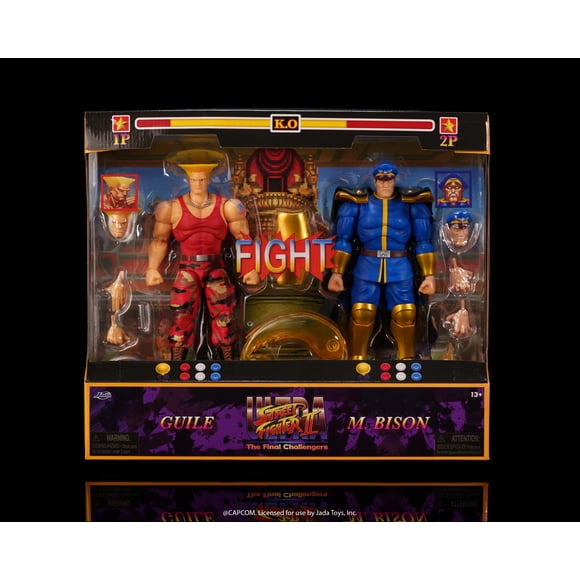 Jada Toys Street Fighter II Guile vs M. Bison 2-Pack Action Figure 1:12 Scale, 6" Tall, Interchangeable Heads, Hands & Accessories