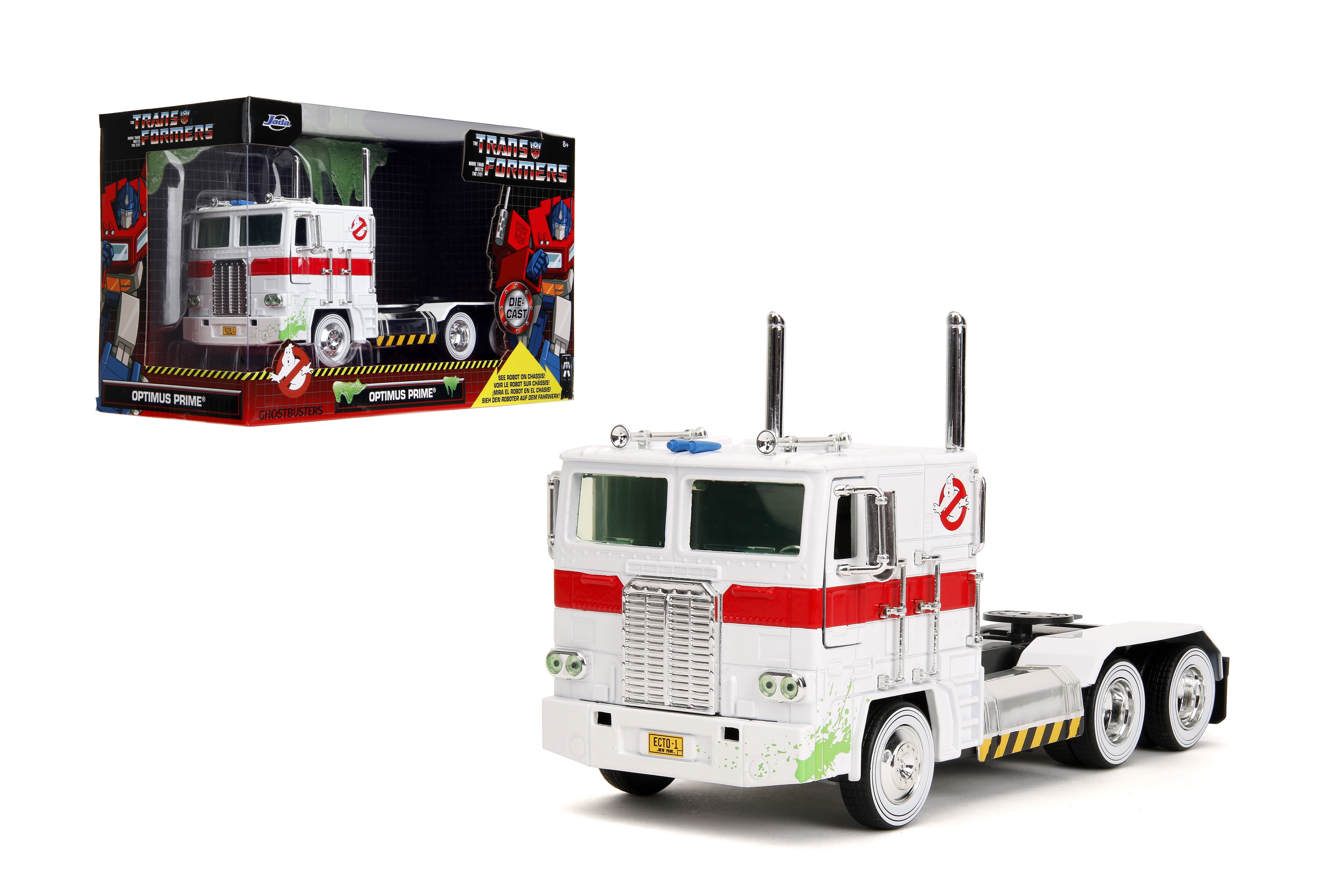 Jada Transformers G1 Optimus Prime Big Rig with Ghostbusters Ecto-1 Graphics - Die-Cast Vehicle - 1:24 Scale, Opening Doors, Hood & Trunk, Rubber Tires - Ages 8+ - White/Green