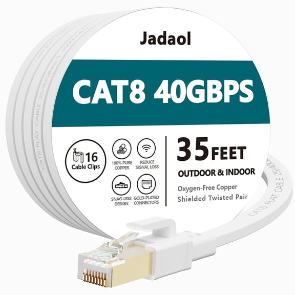 Jadaol Cat 8 Ethernet Cable 35 ft, 40Gbps 2000MHz Flat RJ45 S/FTP LAN Patch Cable, High-Speed Cat8 Network for Router, Modem, Switch, Gaming Consoles, PC, Home & Streaming Devices, White