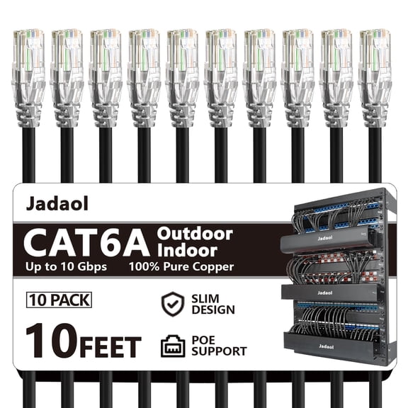 Jadaol Cat6a Ethernet Cable 10 ft Pack, Slim 10G 550MHz 28AWG Patch Cable, Snagless Pure Copper Network Flexible LAN for Router, Modem, Switch, Panel, Data Center, Gaming, Black