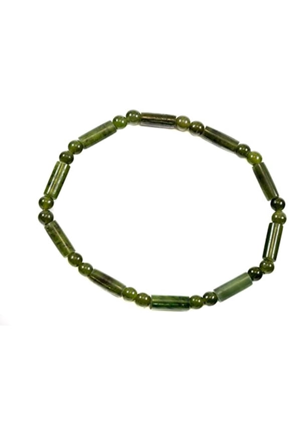 Jade Bracelet Green Nephrite Beaded Smooth Tube Shaped Stones Adjustable Stretch, 7" Designed for Adult Women