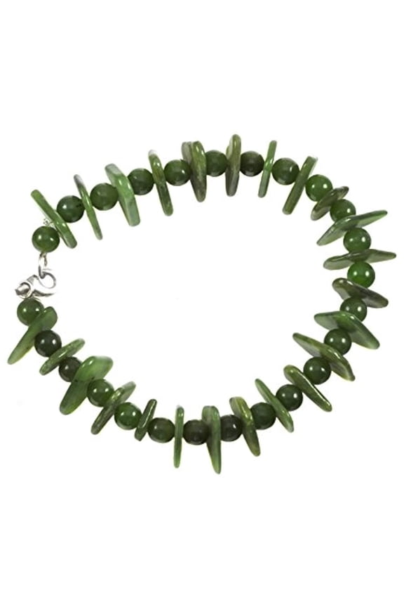 Jade Bracelet Green Nephrite Round and Triangle Shaped Smooth Stones, 8" Designed for Adult Women