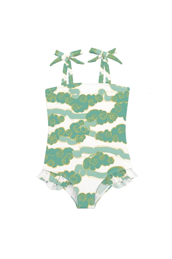 Jade Cloud Pattern Girls' One-Piece Swimsuit Bowknot Tie Shoulder Ruffled Stretchy Quick Dry