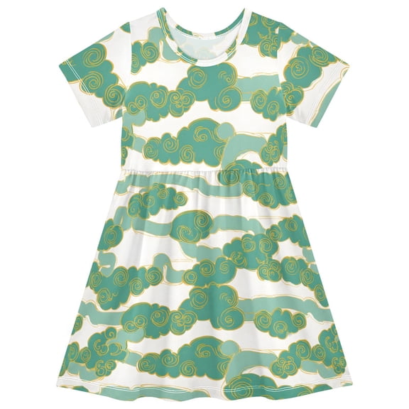 Jade Cloud Pattern Girls Short Sleeve Dress A Line Sun Protection Breathable Comfort Sundress 2T