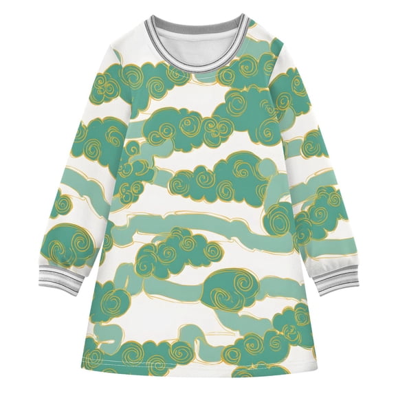 Jade Cloud Pattern Girls'long-sleeved dress Thickened A-dress Warm Dress Basic Shirt Party Dresses