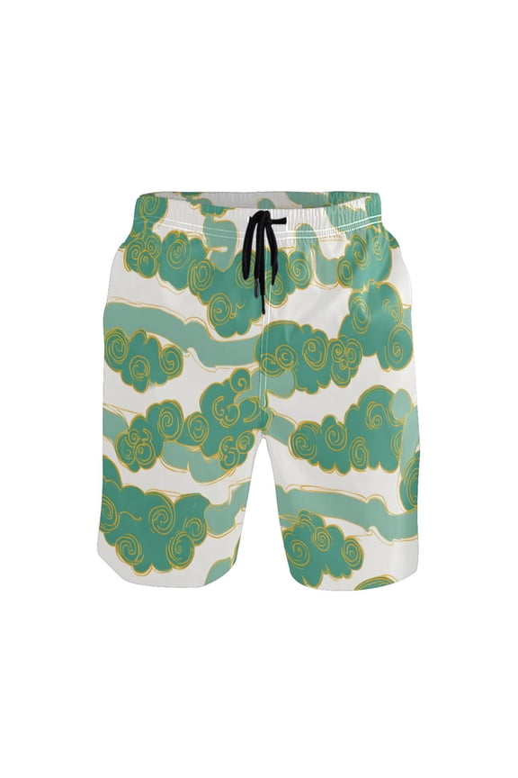 Jade Cloud Pattern Mens Swim Trunks Quick Dry Board Shorts Breathable Fit Beach Shorts Swimwear