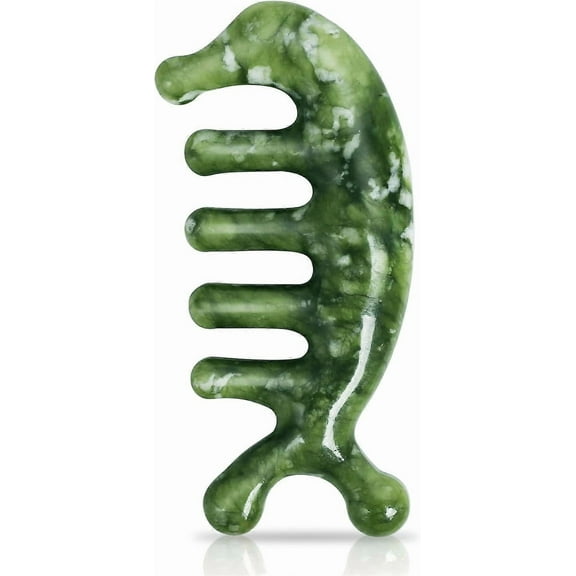 Jade Comb Gua Sha Scraping Scalp Massager Wide Tooth Hair Comb Head Tool Meridians Scalp Massage, Green Jade Stone Comb Massager Tool 11.5*4.5cm