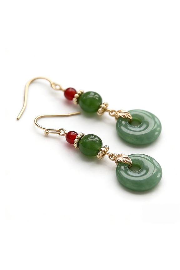 Jade Earrings for Women, Vintage Chinese Gold-Plated Green Jade Donut Dangle Earrings, Lucky Chinese Hanfu Jewelry Accessories, Gift
