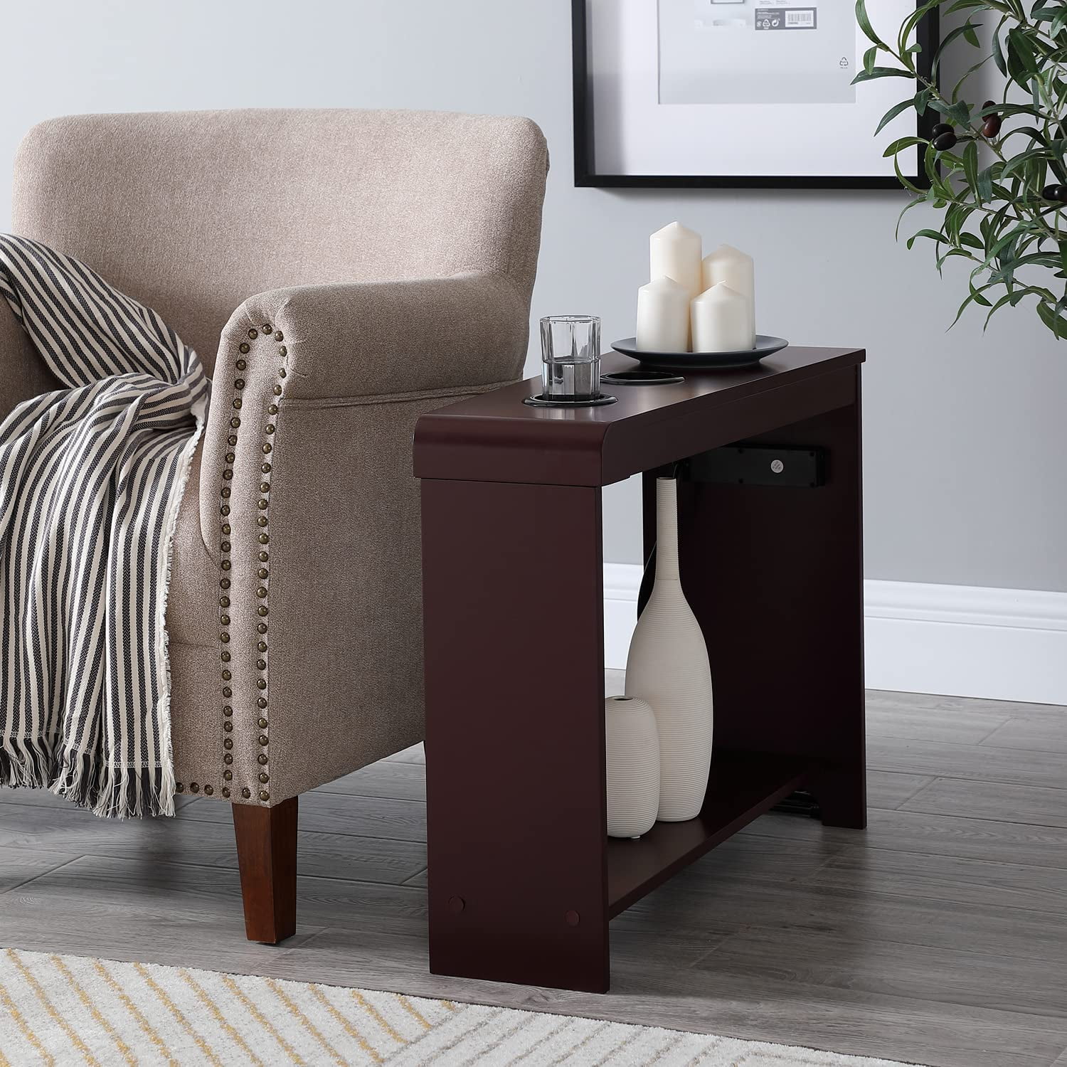 Jade End Table with Charging Station, USB Ports & Outlets, Narrow Side Table, Chair Side Table