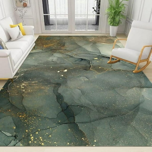 Jade Green Area Rug, Marble Gold Leaf Indoor Non-Slip Kids Rugs, Machine Washable Breathable Durable Carpet For Living Room Bedroom Teen Room Home Decor 3 x 4ft