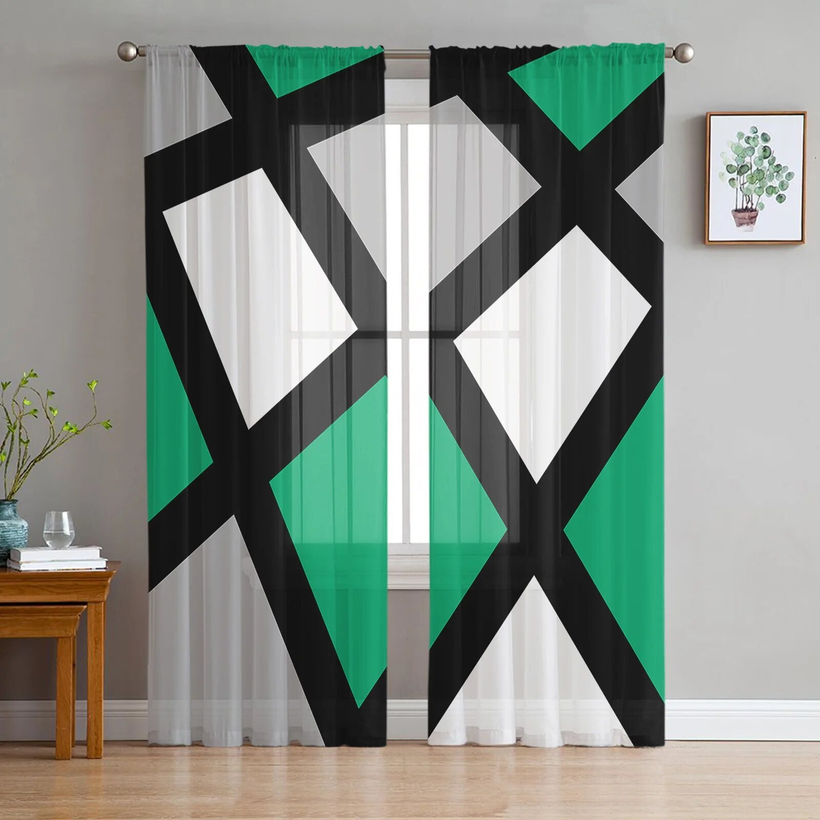 Jade Green Black Grey Geometric Square Tulle Voile Curtains For Bedroom