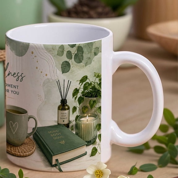 Jade Green Wellness Moment11 Oz Ceramic Coffee Mug, Printed Coffee Cup for Tea, Cocoa, Home Office Gift