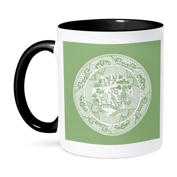 3dRose, Jade Green Willow Pattern Design, 11oz Two-Tone Black Mug
