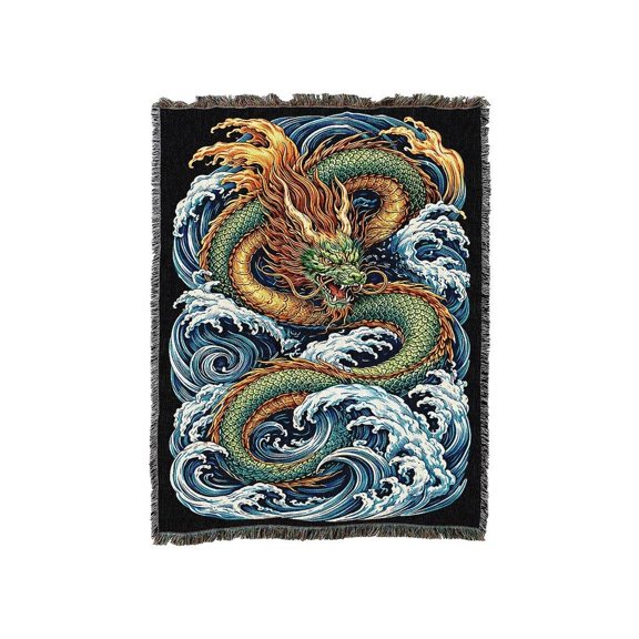 Jade Green and Gold Eastern Dragon with Ocean Waves Woven Blanket, 100% Cotton, Mythic Style for Living Room