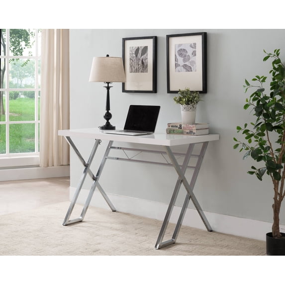 Jade Home & Office Workstation Computer Desk, White Wood Top & Chrome Metal Base, Modern