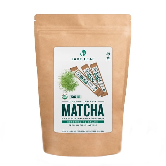 Jade Leaf Organic Ceremonial Grade Matcha Green Tea Powder, Single Serve Stick Packs, 100 Count