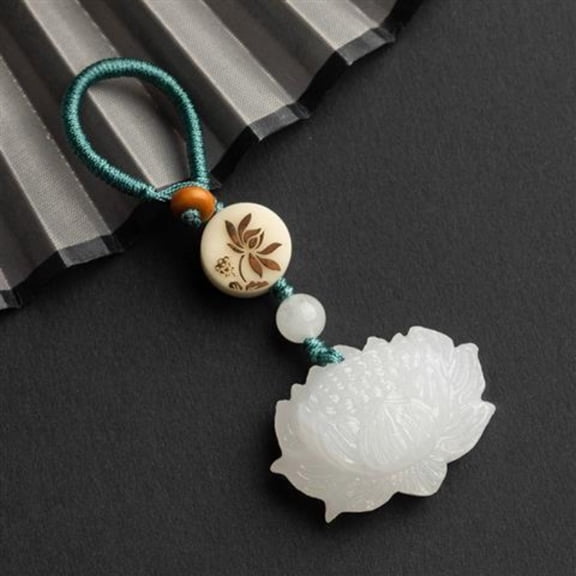 Jade Lotus Pendant Keychain Handmade Charm Unisex