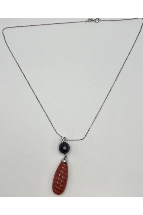 Sterling Silver Carved Red Jade & Faceted Garnet Necklace 18"