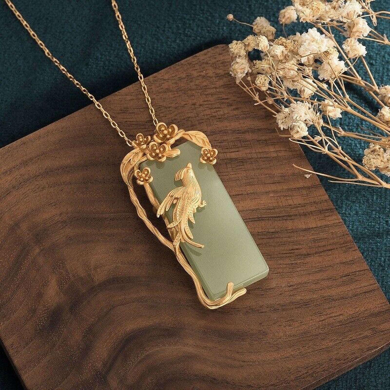 UN BRAND Jade Pendant Necklace Charm 18K Gold Plated Chain Phoenix Bird Dainty Gemstone