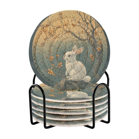 Jade Rabbit Moon Osmanthus Tree Drinking Coasters Cup Mat with Holder for Kitchen Cafe Bar 6 Packs