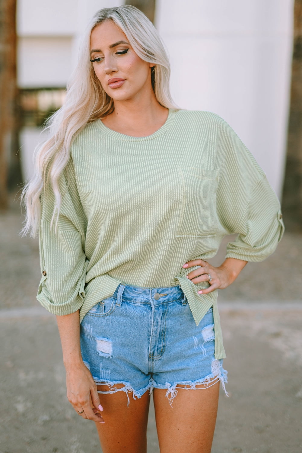 Ribbed tab sleeve oversize pocket top