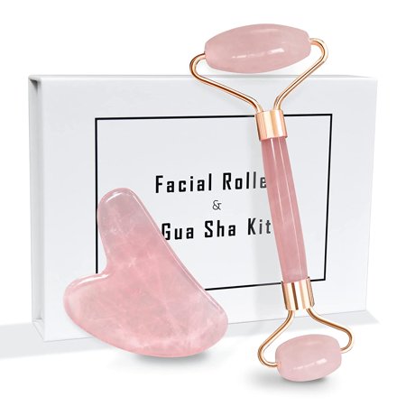 Jade Roller and Gua Sha Set, Facial Beauty Roller Skin Care Tools, Quartz Gua Sha Massage for Face, Eyes, Neck, Body Muscle Relaxing and Relieve with Gift Box