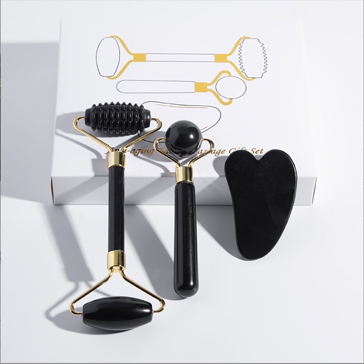 Jade Roller and Gua Sha Set - Face Massager 3 in 1 Kit - Massage Tools Set for Body Muscle Relaxing Relieve Wrinkles (Black)