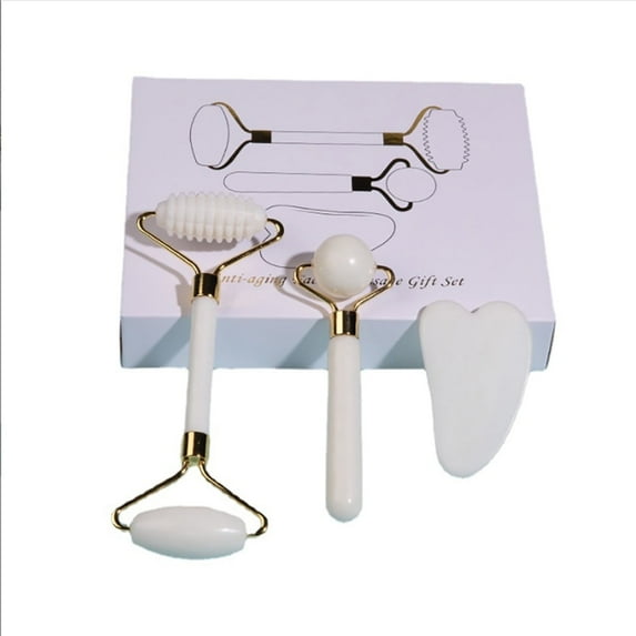 Jade Roller and Gua Sha Set - Face Massager 3 in 1 Kit - Massage Tools Set for Body Muscle Relaxing Relieve Wrinkles (White)